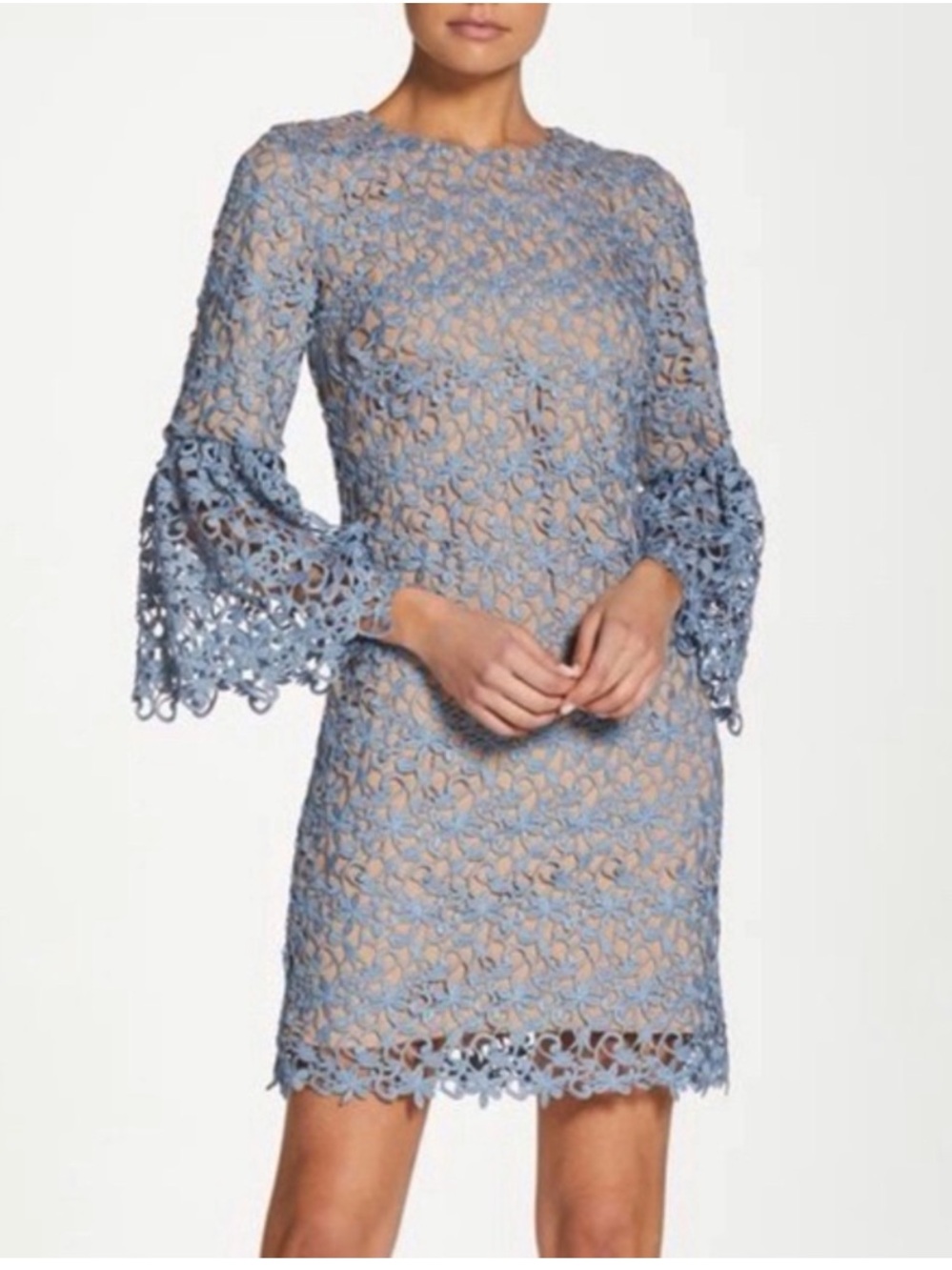 Dress the Population size Small Paige Bell Sleeve Mini Dress Blue Beige Lace